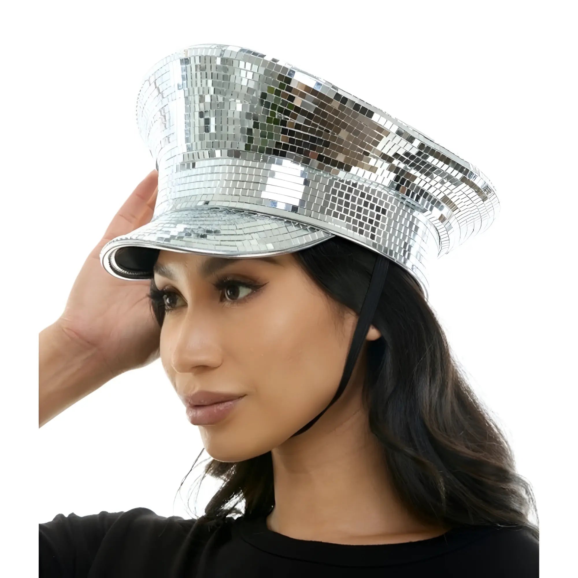 A shimmering silver mirrored festival hat covered in reflective mosaic tiles perfect for parties and events
