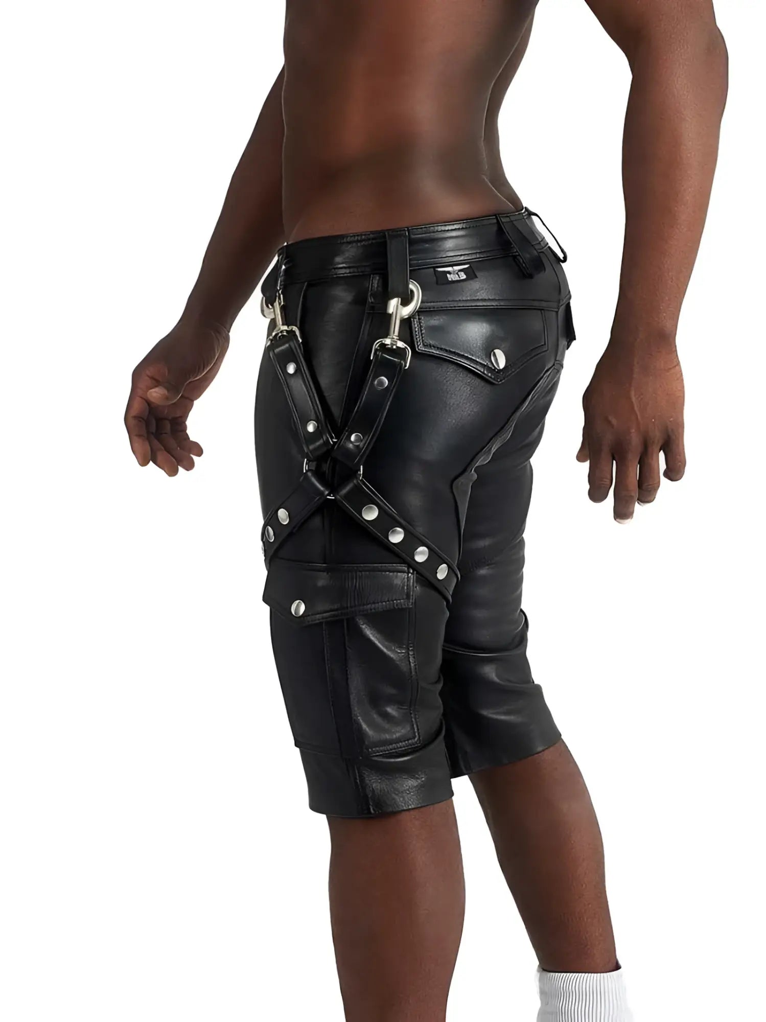 Mister b leather leg harness black size l/xl featuring black leather shorts with silver metal hardware and harness-style design