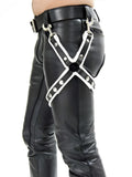 Black leather leg harness with white trim and silver studs by mister b in size l/xl shown from the back side