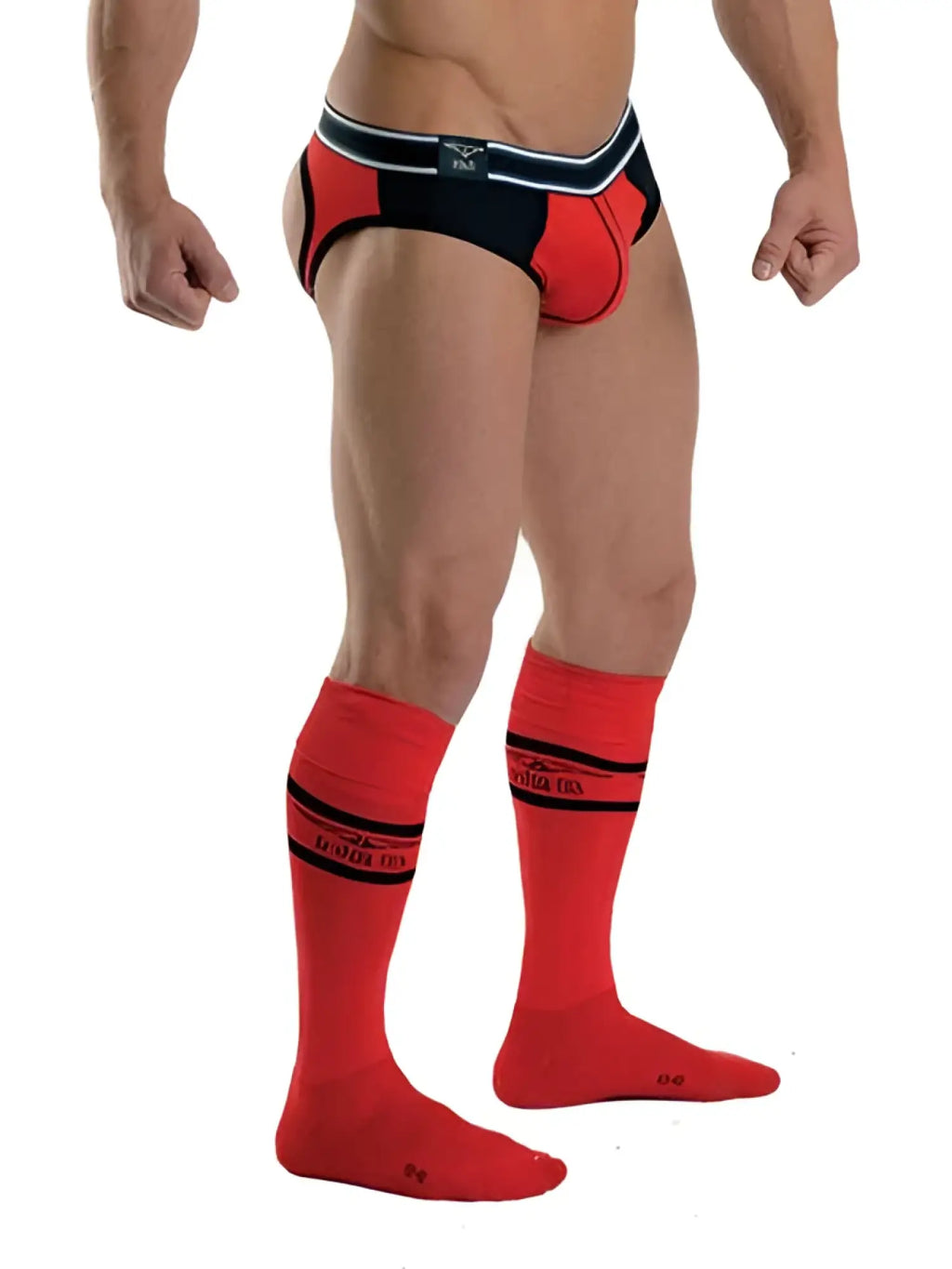 Mister B Urban Football pocket socks red with black stripes and logo, paired with matching red and black underwear size 38-41