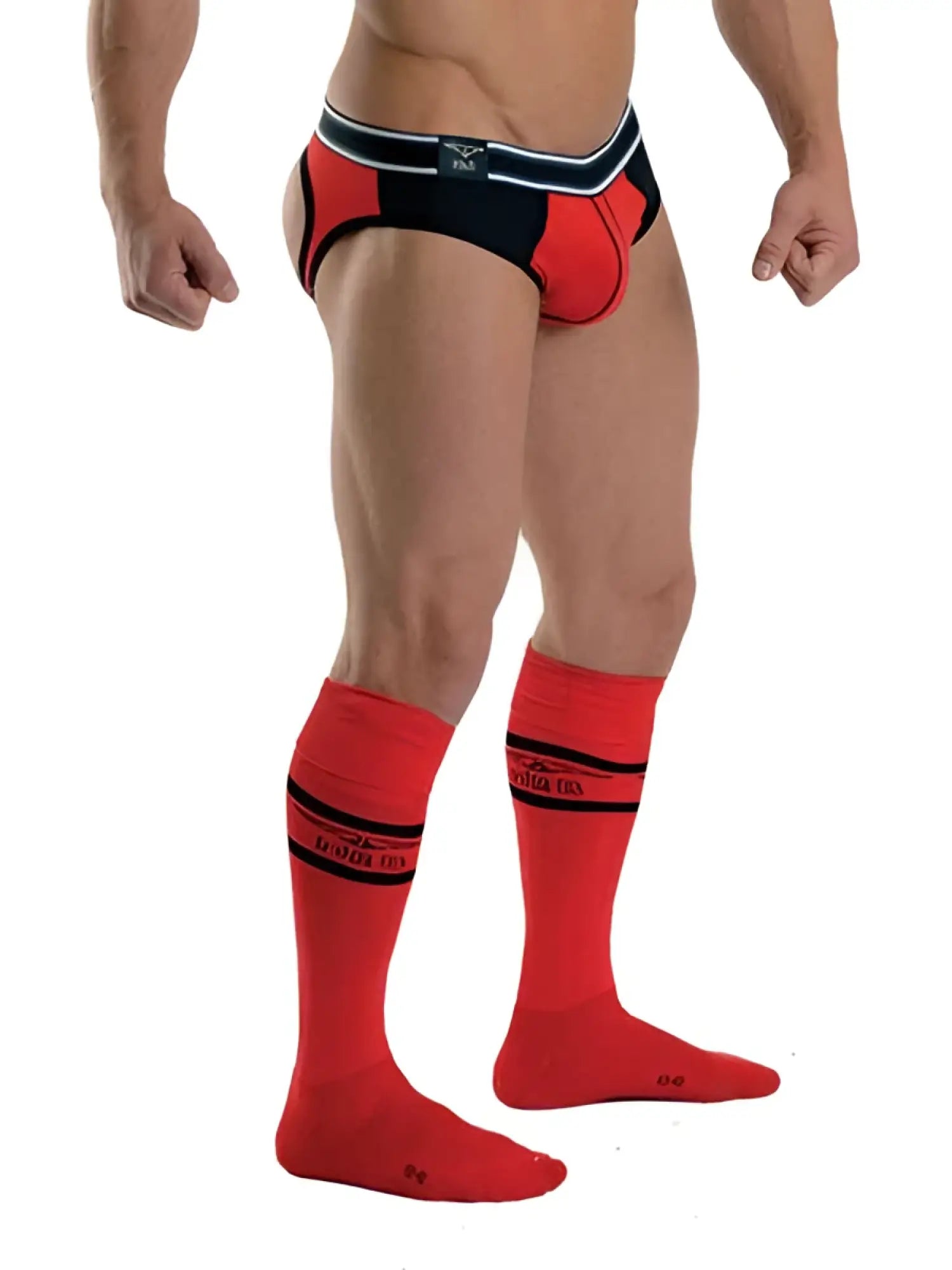 Mister B Urban Football pocket socks red with black stripes and logo, paired with matching red and black underwear size 38-41