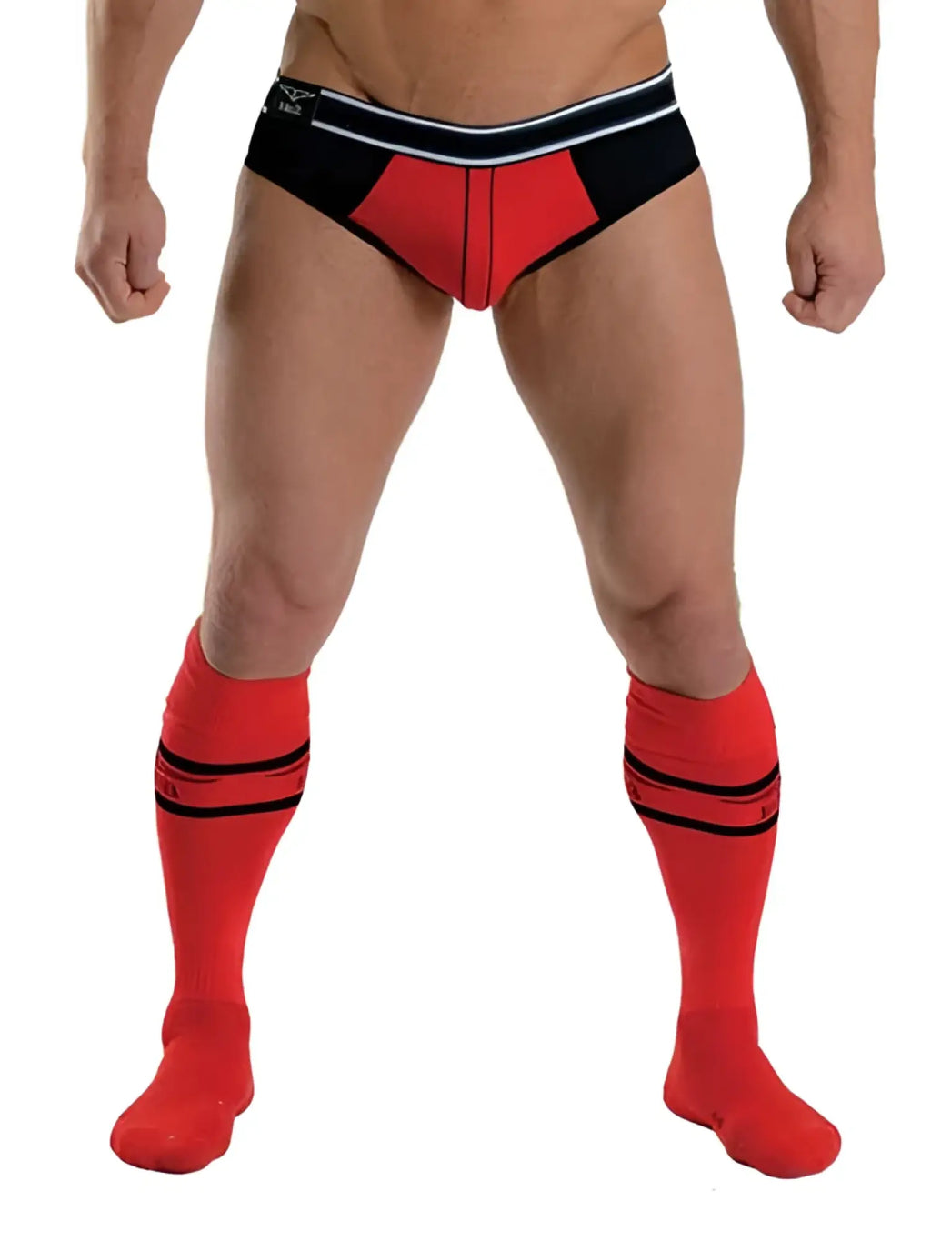 Mister b urban football pocket socks red 820131 size 38-41 with red and black athletic briefs and striped waistband