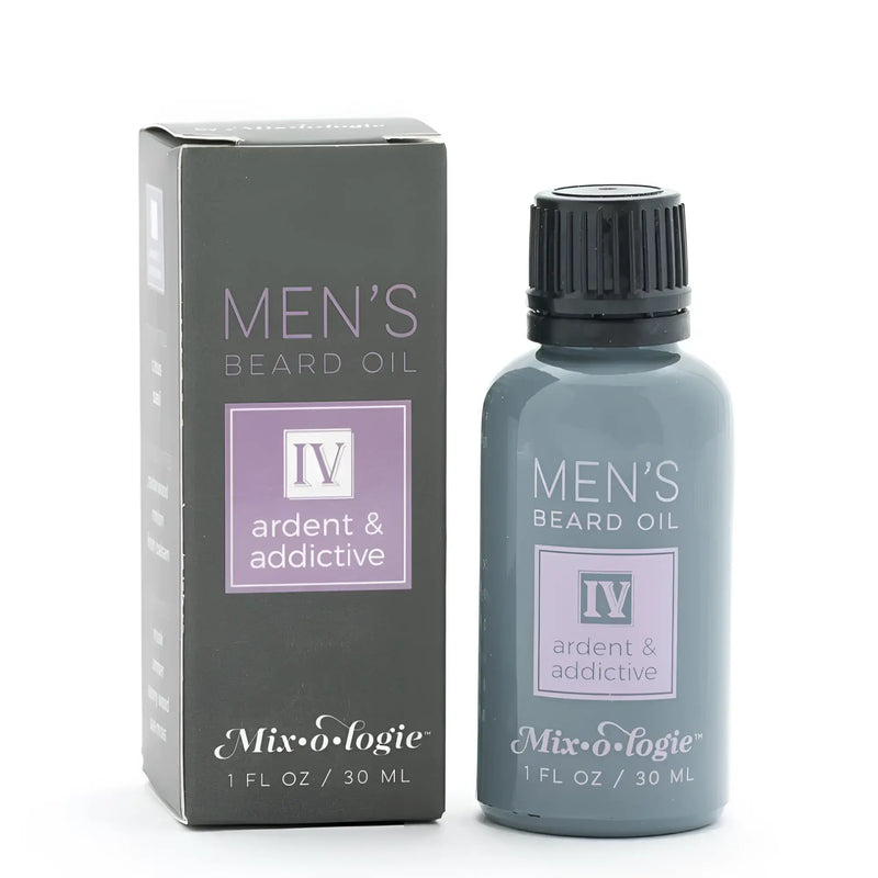 A sleek dark gray glass bottle of mixologie beard oil scent iv with black ribbed cap and lavender ardent and addictive label
