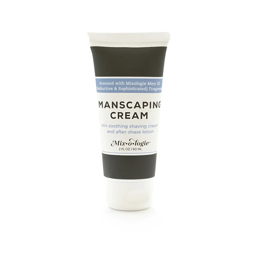 White tube of mixologie manscaping cream shave lotion sent iii with black and light blue label for men’s grooming