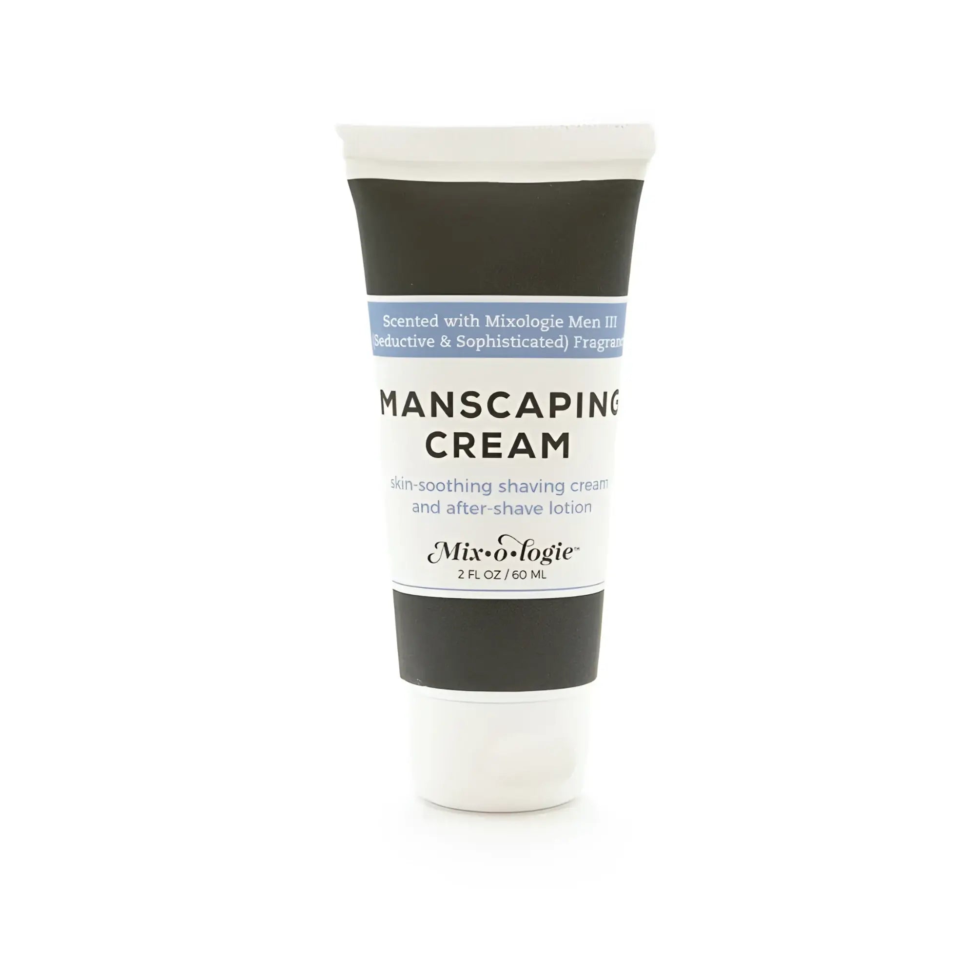 White tube of mixologie manscaping cream shave lotion sent iii with black and light blue label for men’s grooming