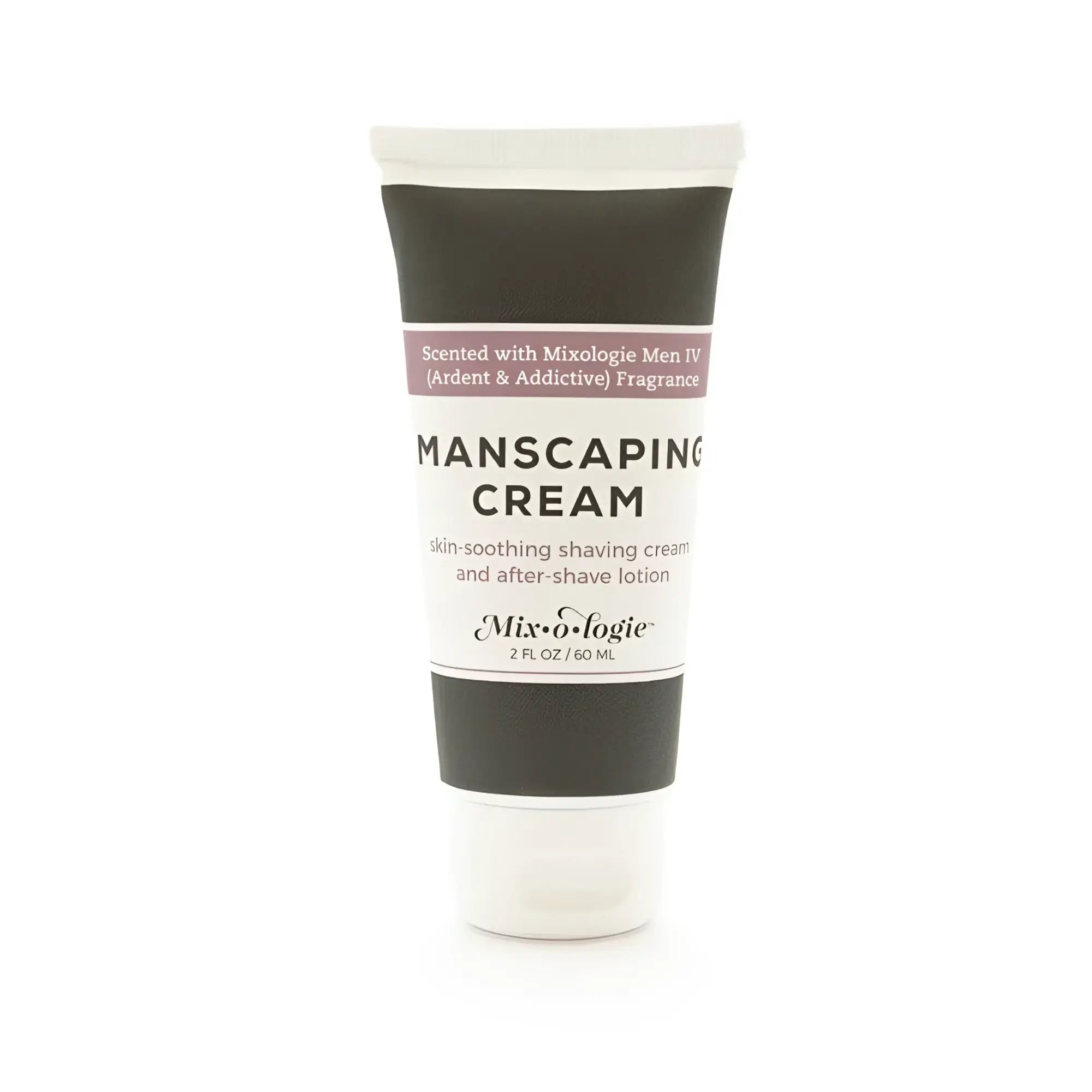A sleek black and white tube of Mixologie manscaping cream shave lotion sent IV with minimalist label and elegant typography