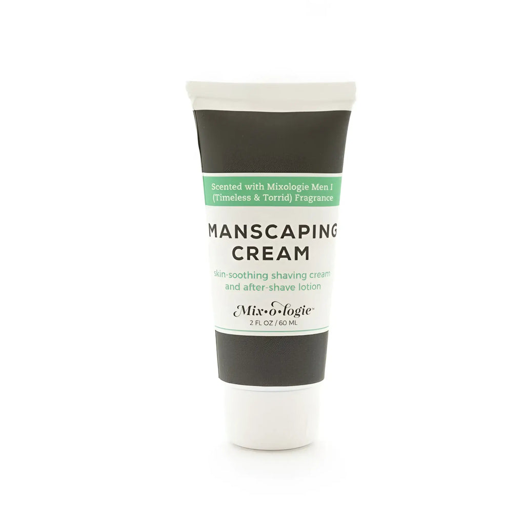 White tube of mixologie manscaping cream shave lotion sent i with minimalist black and green text label