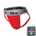 Red mm original edition bike style adult jockstrap with gray and black waistband featuring mountain logo pattern