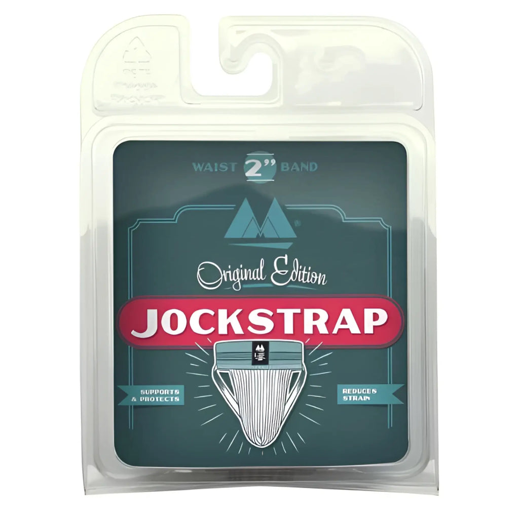 Original edition bike style jockstrap in red and grey with 2 inch waistband in clear plastic package with dark green label