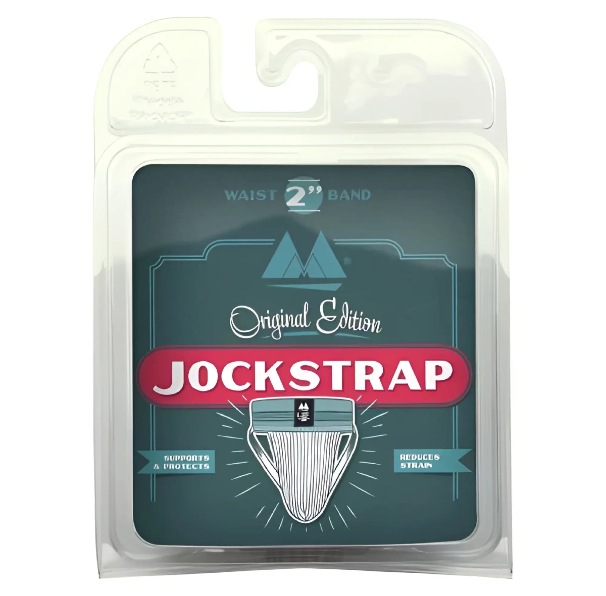 Original edition bike style jockstrap in red and grey with 2 inch waistband in clear plastic package with dark green label
