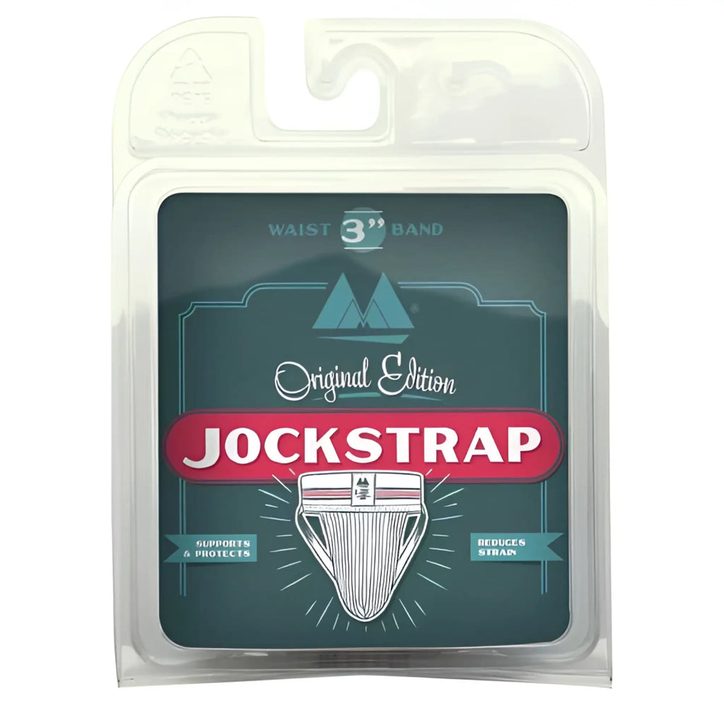 Original edition bike style adult supporter jockstrap in white with black waistband in clear plastic packaging size m
