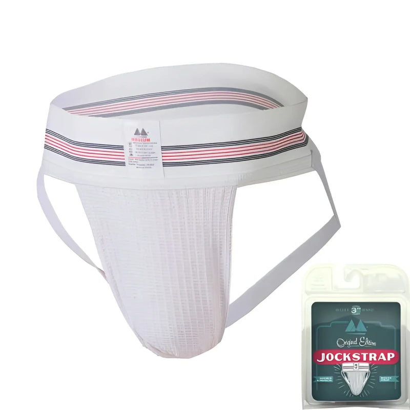White athletic jockstrap with pink and navy striped waistband mm original edition bike style medium size
