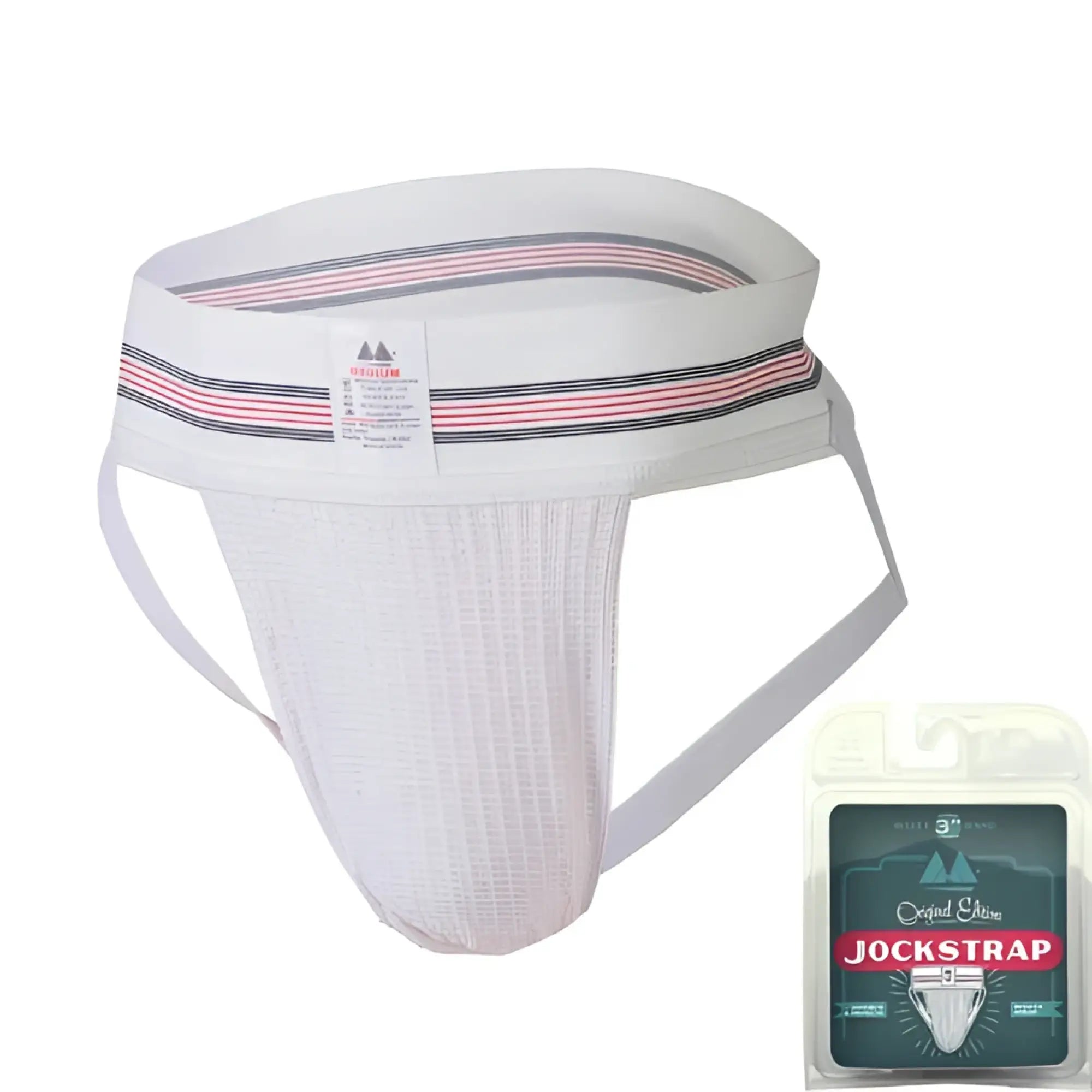 White mm original edition bike style jock strap with pink and navy striped waistband size m adult supporter