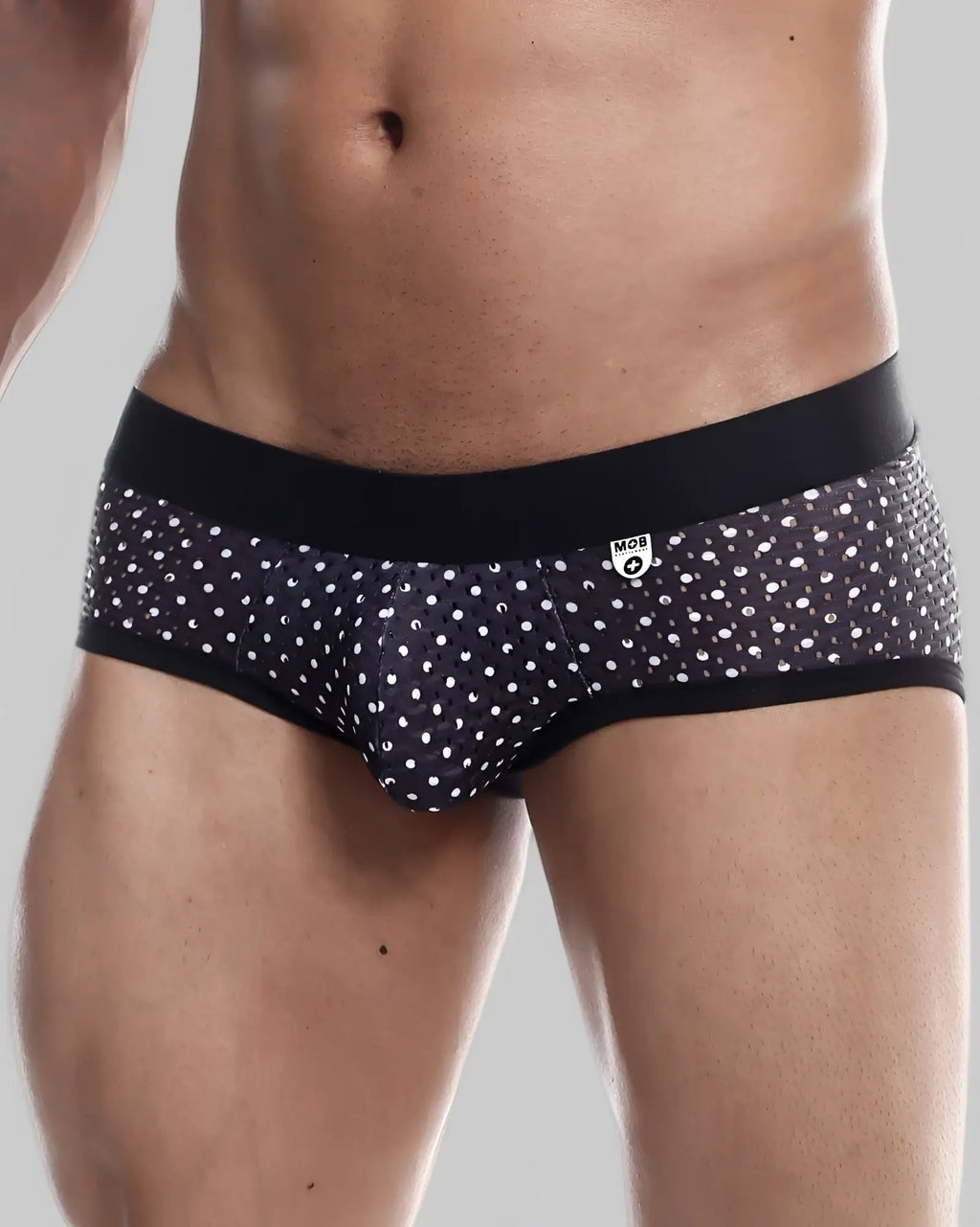 Mob aero brief black and white polka dot men’s briefs with black elastic waistband for comfortable wear
