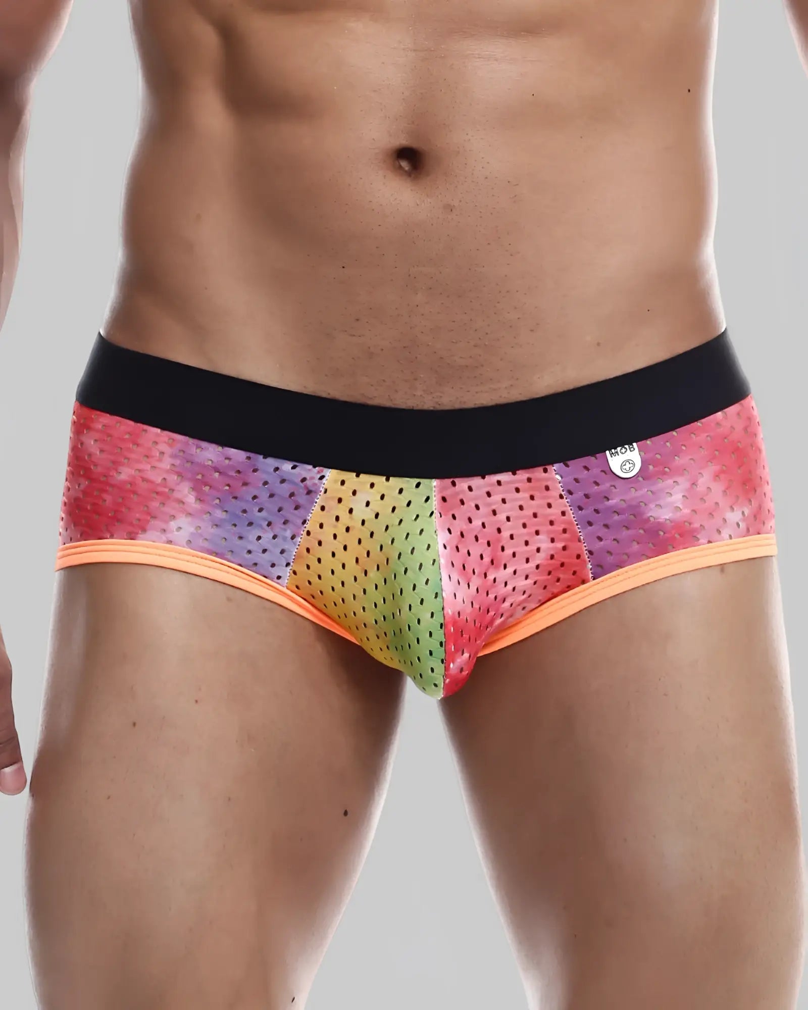 Mob aero brief rainbow-colored mesh men’s briefs with black waistband and orange trim