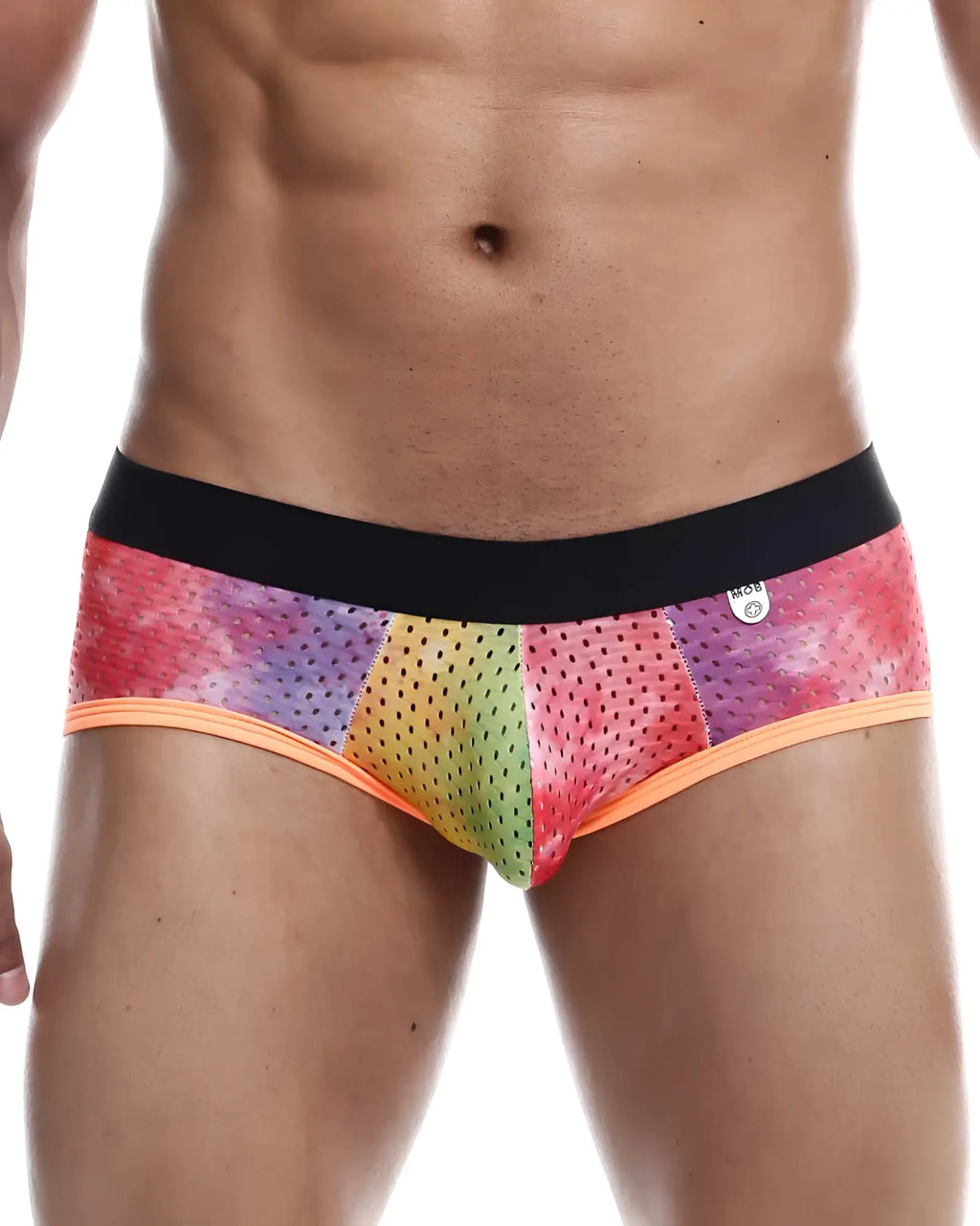 Mob aero brief rainbow-colored perforated mesh briefs with black waistband and orange trim front view