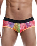 Mob aero brief rainbow-colored perforated mesh briefs with black waistband and orange trim front view