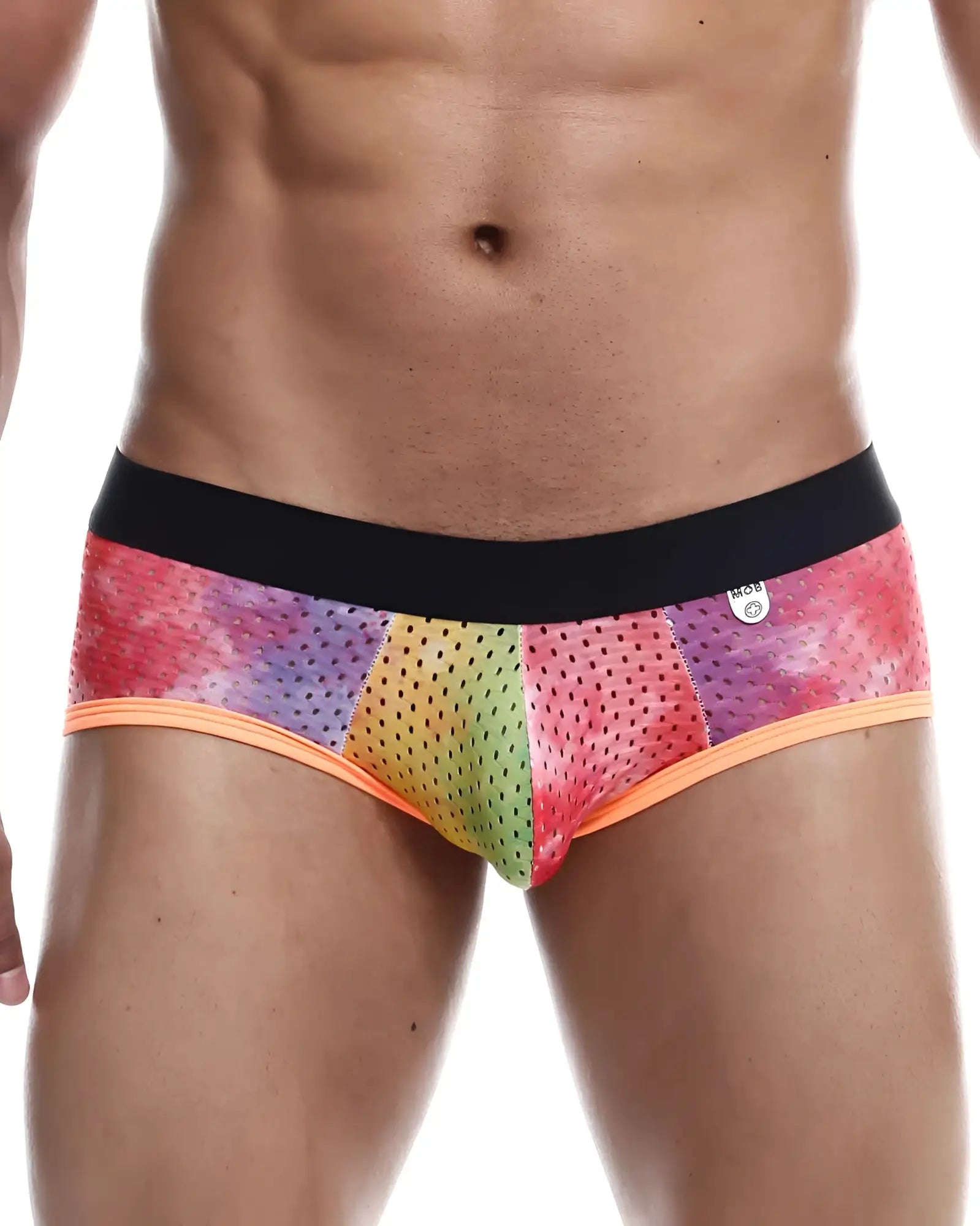 Mob aero brief rainbow-colored perforated mesh briefs with black waistband and orange trim front view