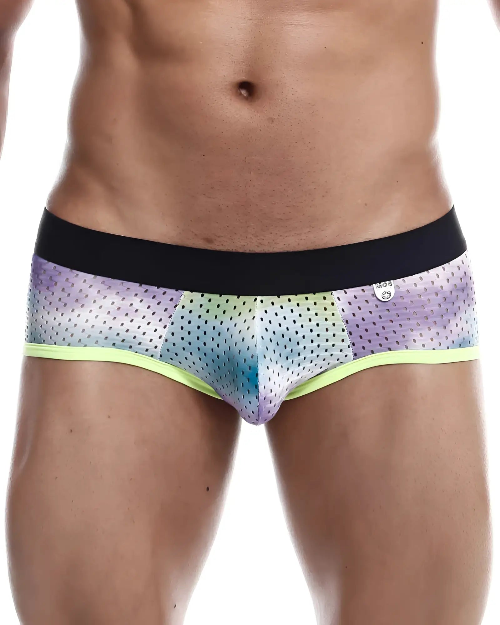 Mob aero brief rainbow gradient mesh briefs with black waistband and neon green trim front view