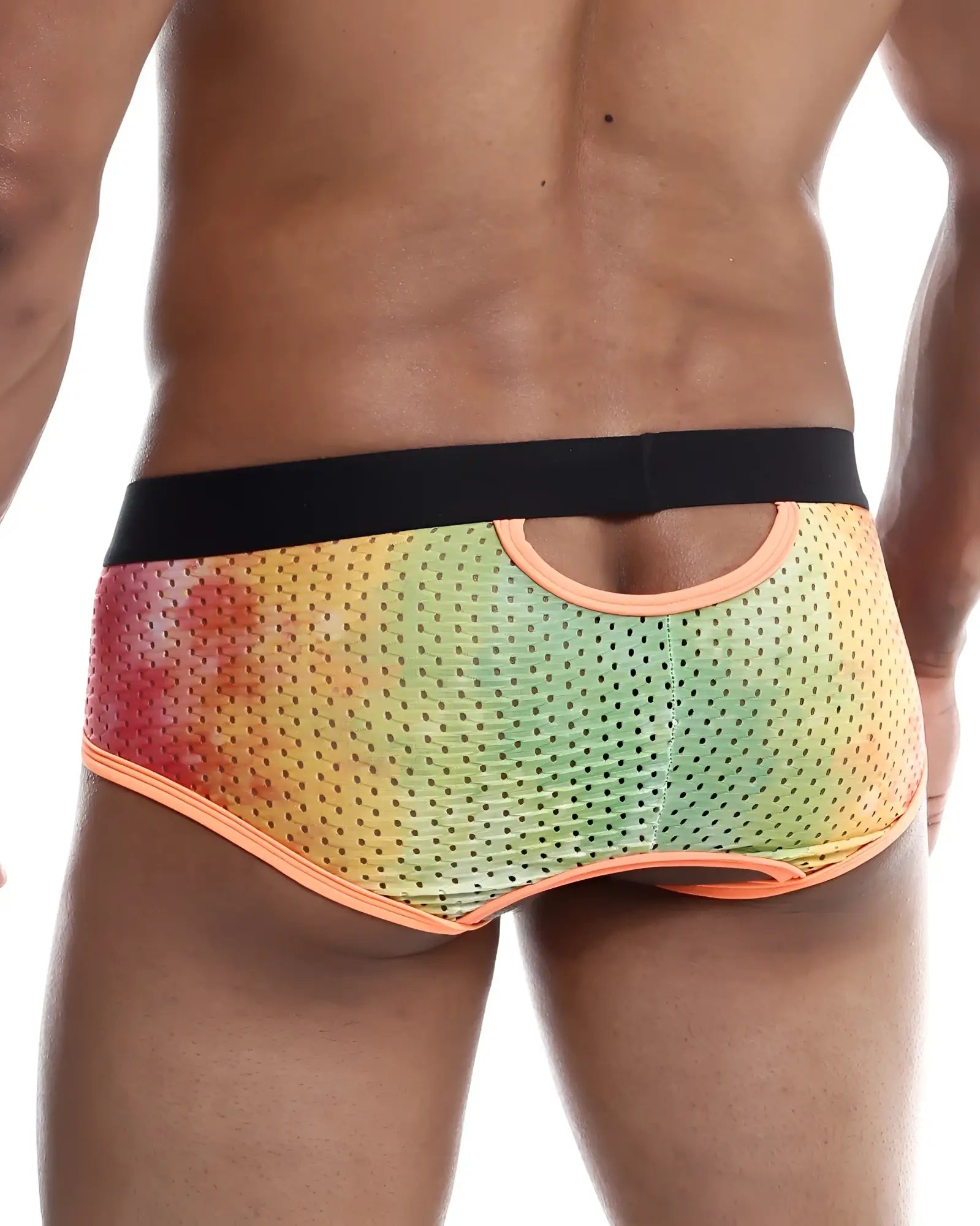 MOB Aero Brief vibrant rainbow gradient mesh briefs with black waistband and orange trim for comfortable wear
