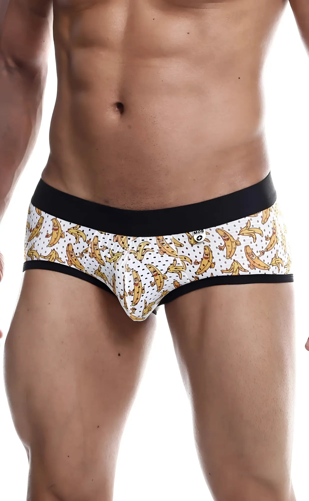 White banana-patterned briefs with black elastic waistband and trim from mob aero brief collection