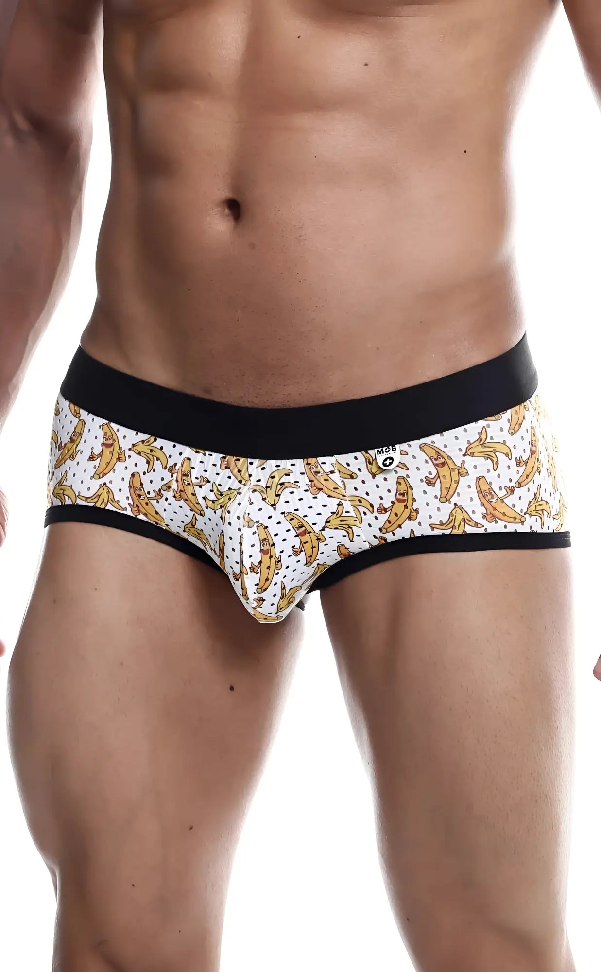 White banana-patterned briefs with black elastic waistband and trim from mob aero brief collection