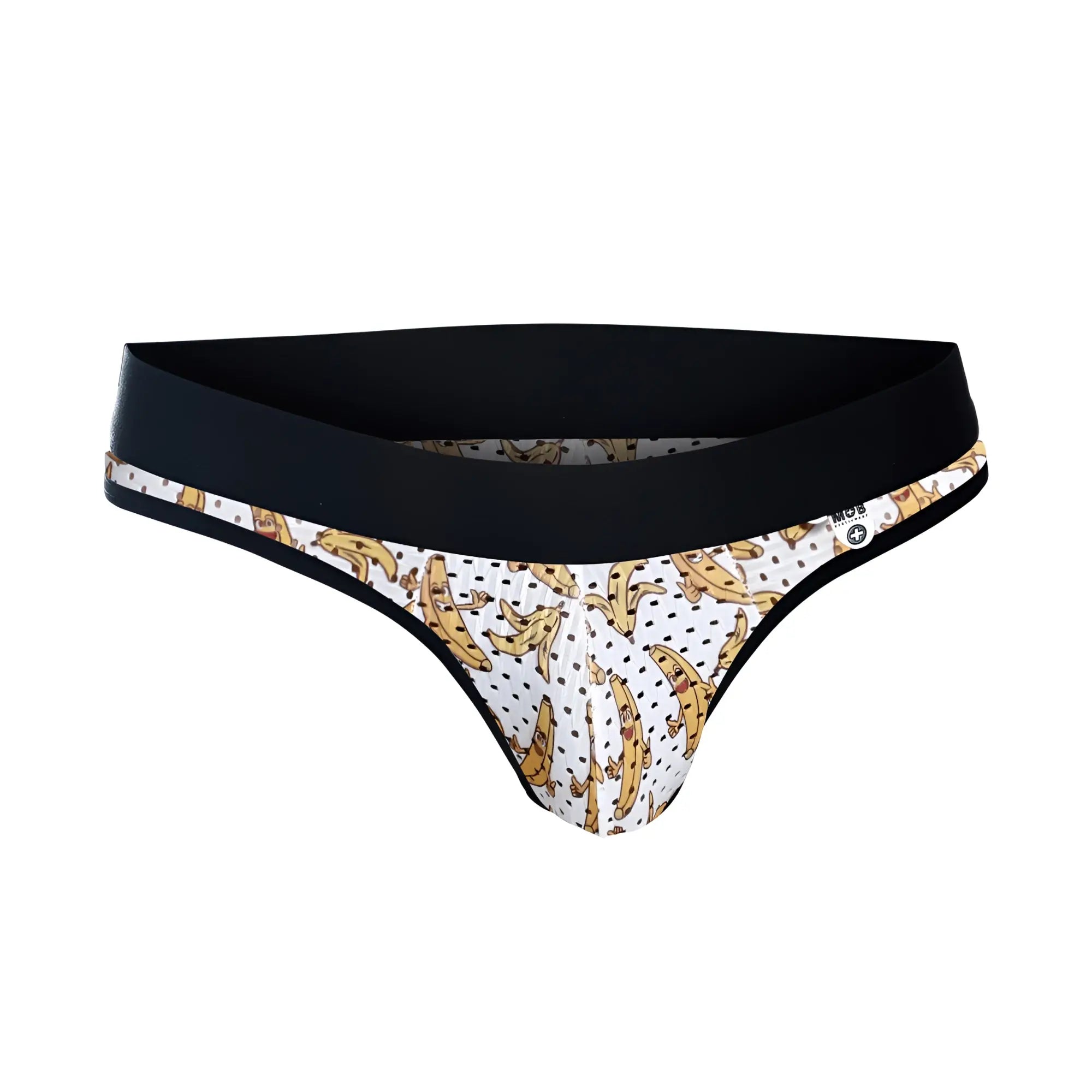 White banana-patterned thong with black waistband and trim from mob aero jock featuring a playful design