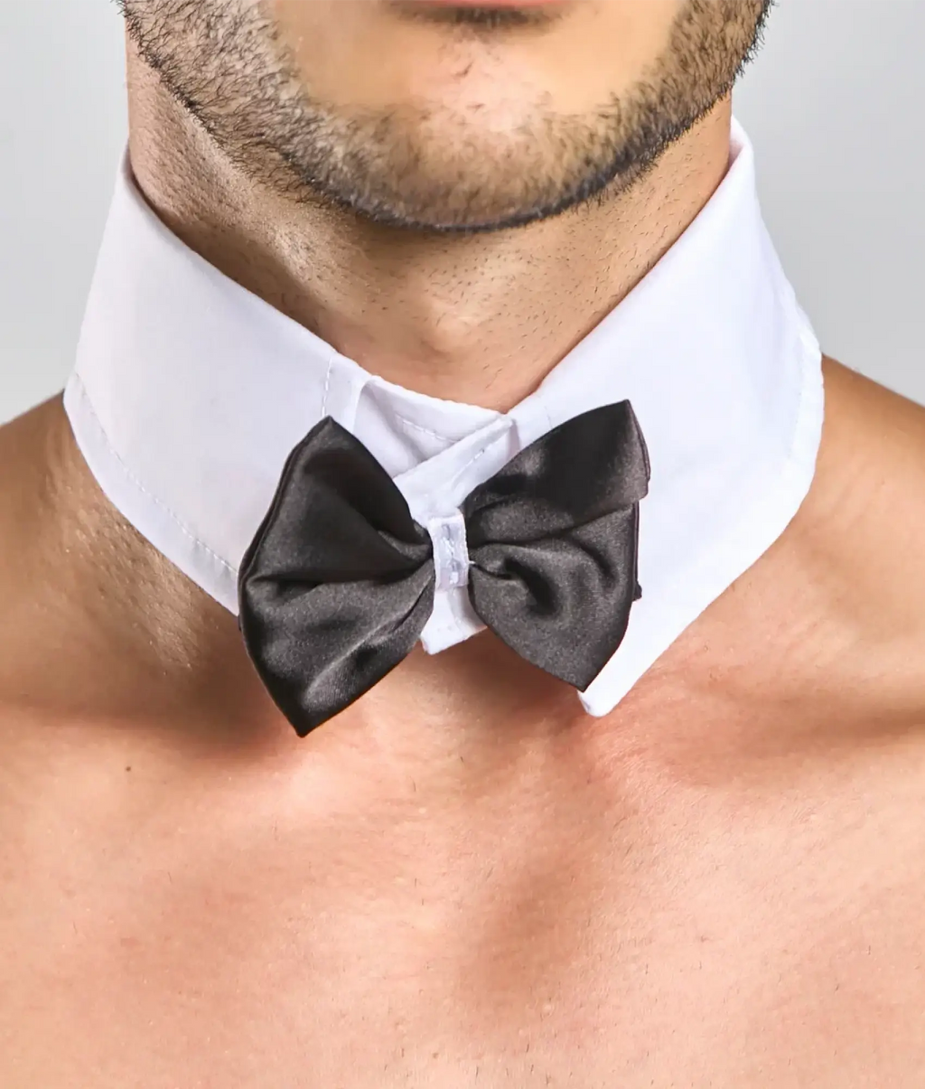 Black satin mob bow tie with french cuffs worn with a white dress shirt collar for formal occasions