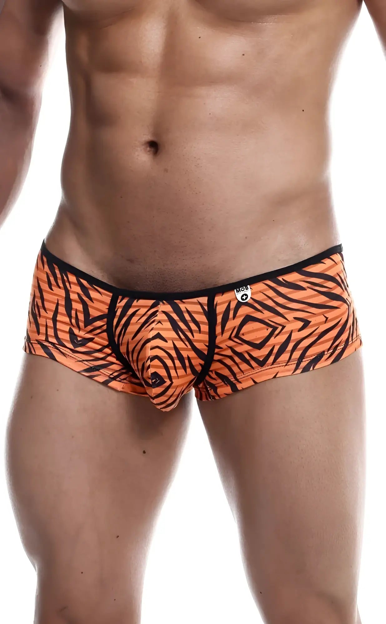 MOB Boyshort orange tiger-print briefs with black stripes and black waistband made of comfortable fabric