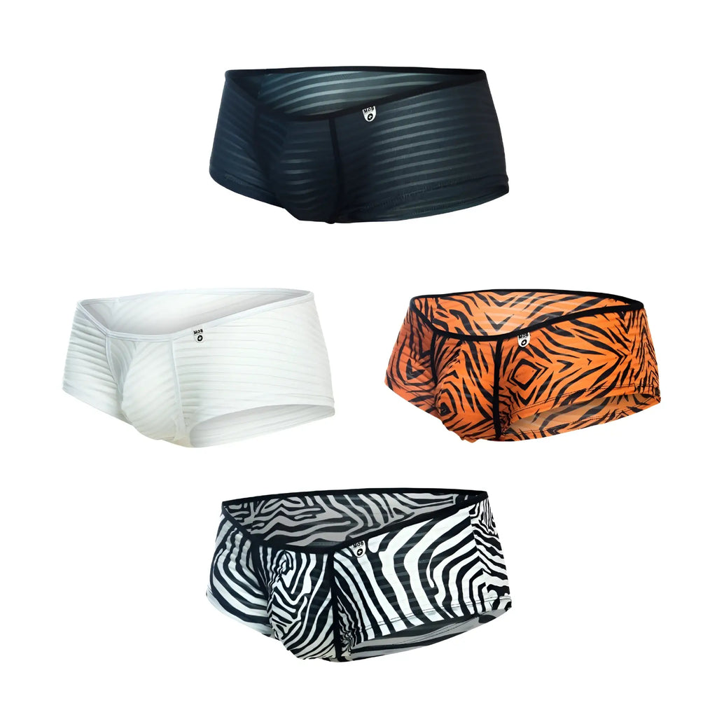 Black striped men’s briefs with subtle sheen and small logo on waistband from mob boyshort collection