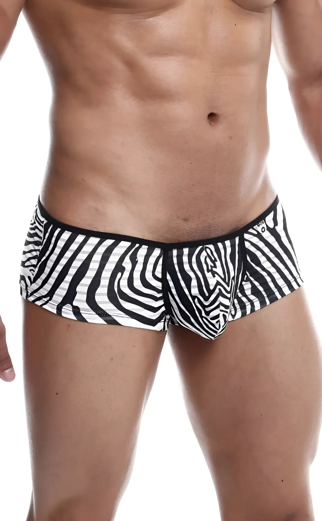 Black and white zebra-striped mob boyshort men’s briefs with a snug fit and comfortable stretch fabric