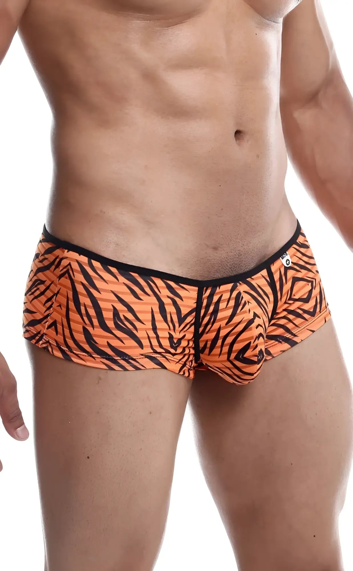 Orange and black tiger-striped mob boyshort men’s briefs with a snug fit and comfortable stretch fabric