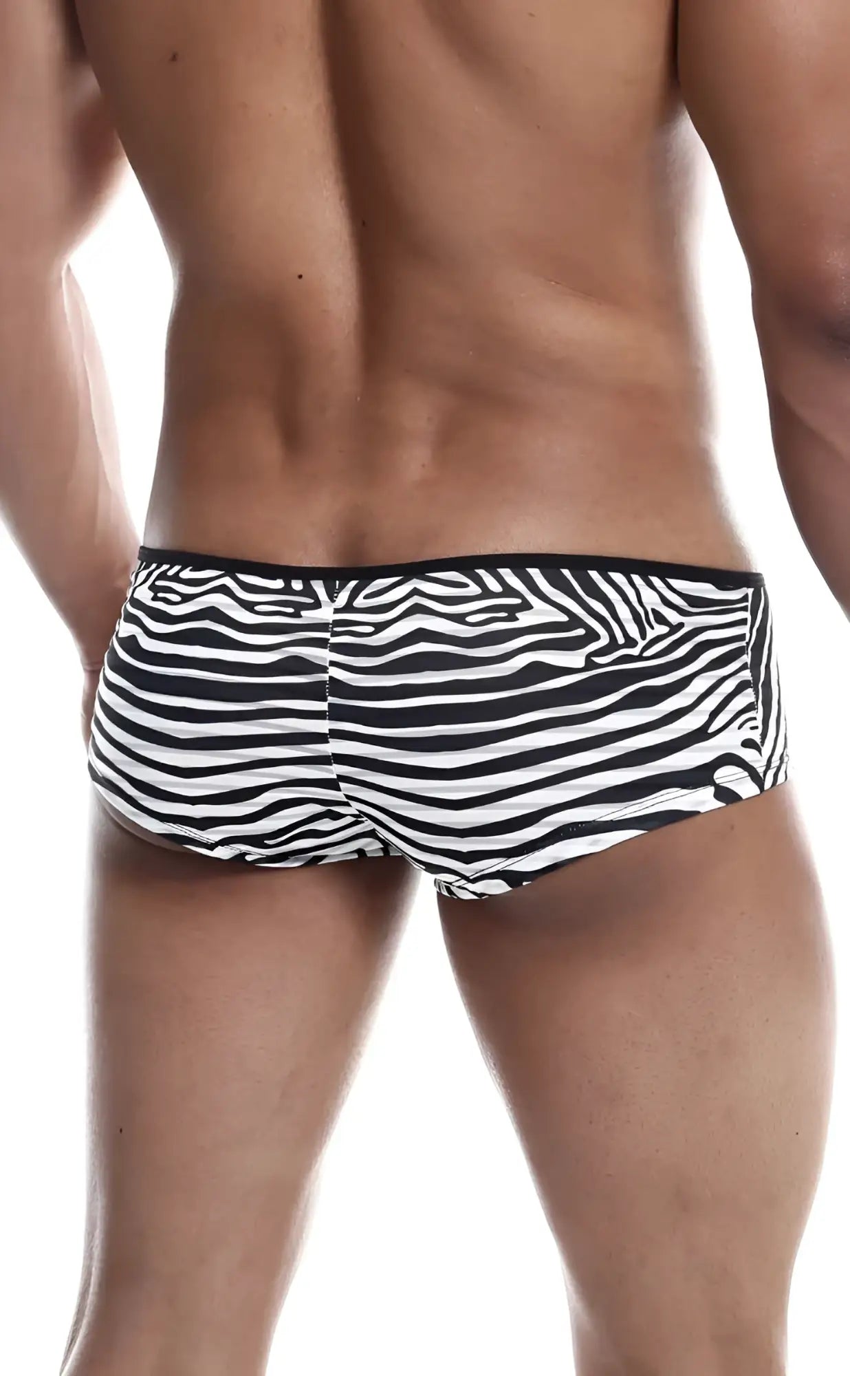 Black and white zebra-striped mob boyshort men’s briefs with a snug fit for comfortable everyday wear