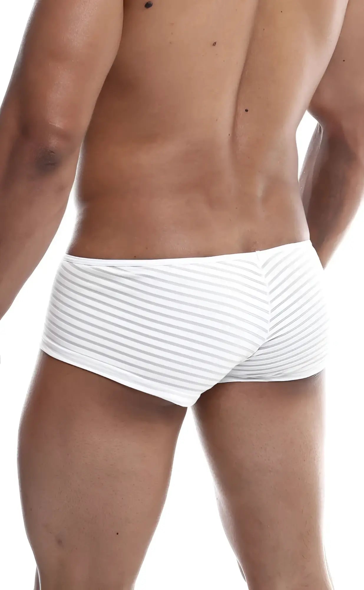 MOB Boyshort white briefs with fine gray horizontal stripes soft breathable fabric front view