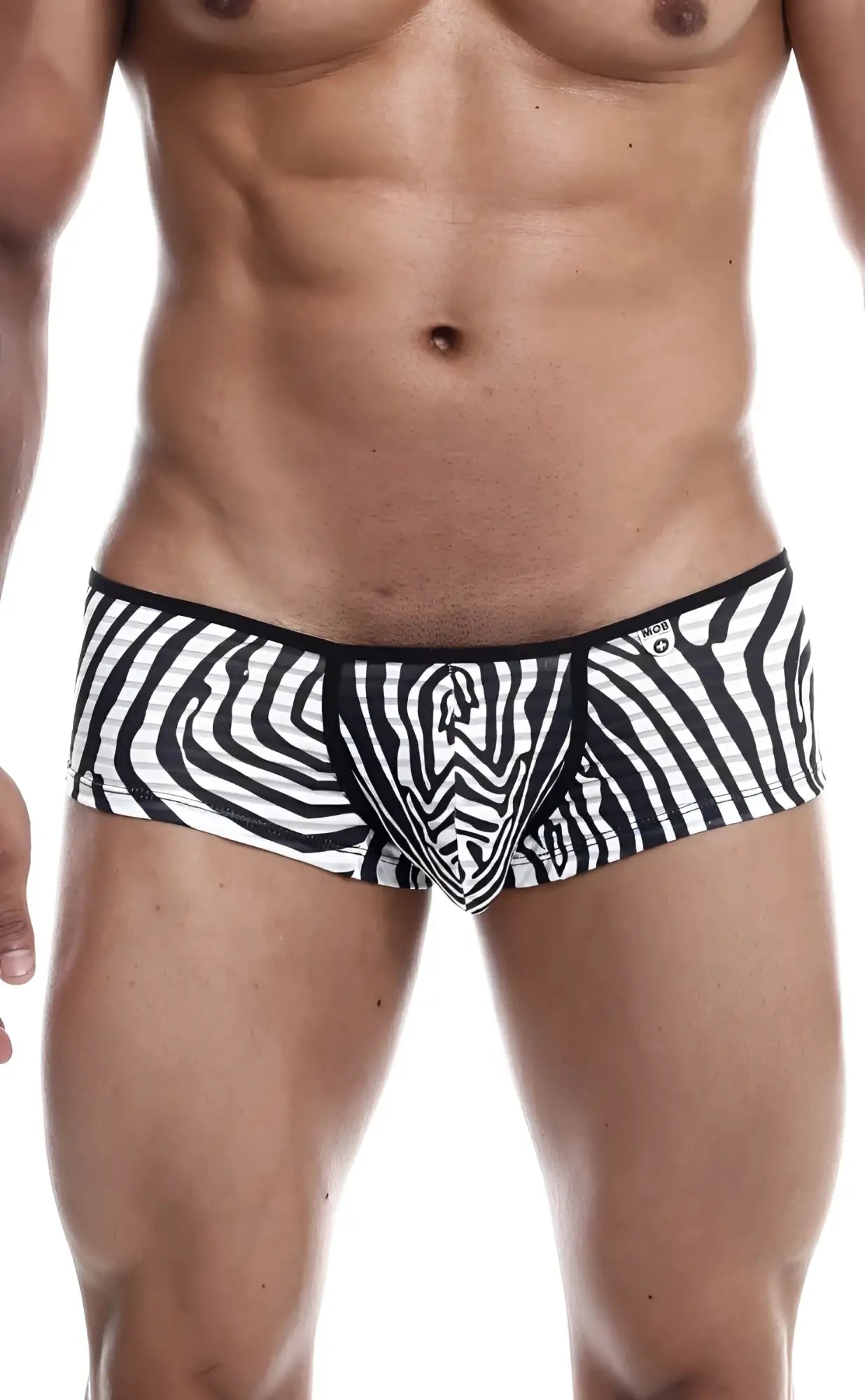 Mob boyshort men’s briefs with black and white zebra stripes featuring a snug form-fitting design