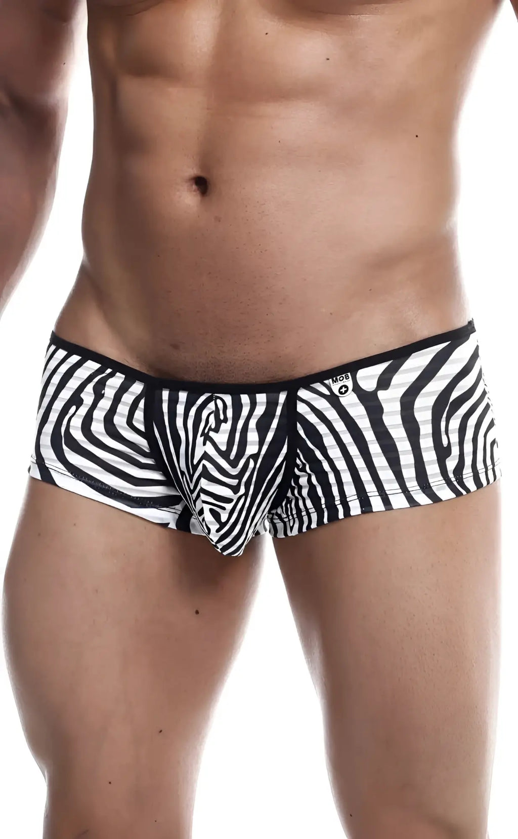 Black and white zebra-striped mob boyshort men’s briefs with a snug fit and comfortable stretch fabric