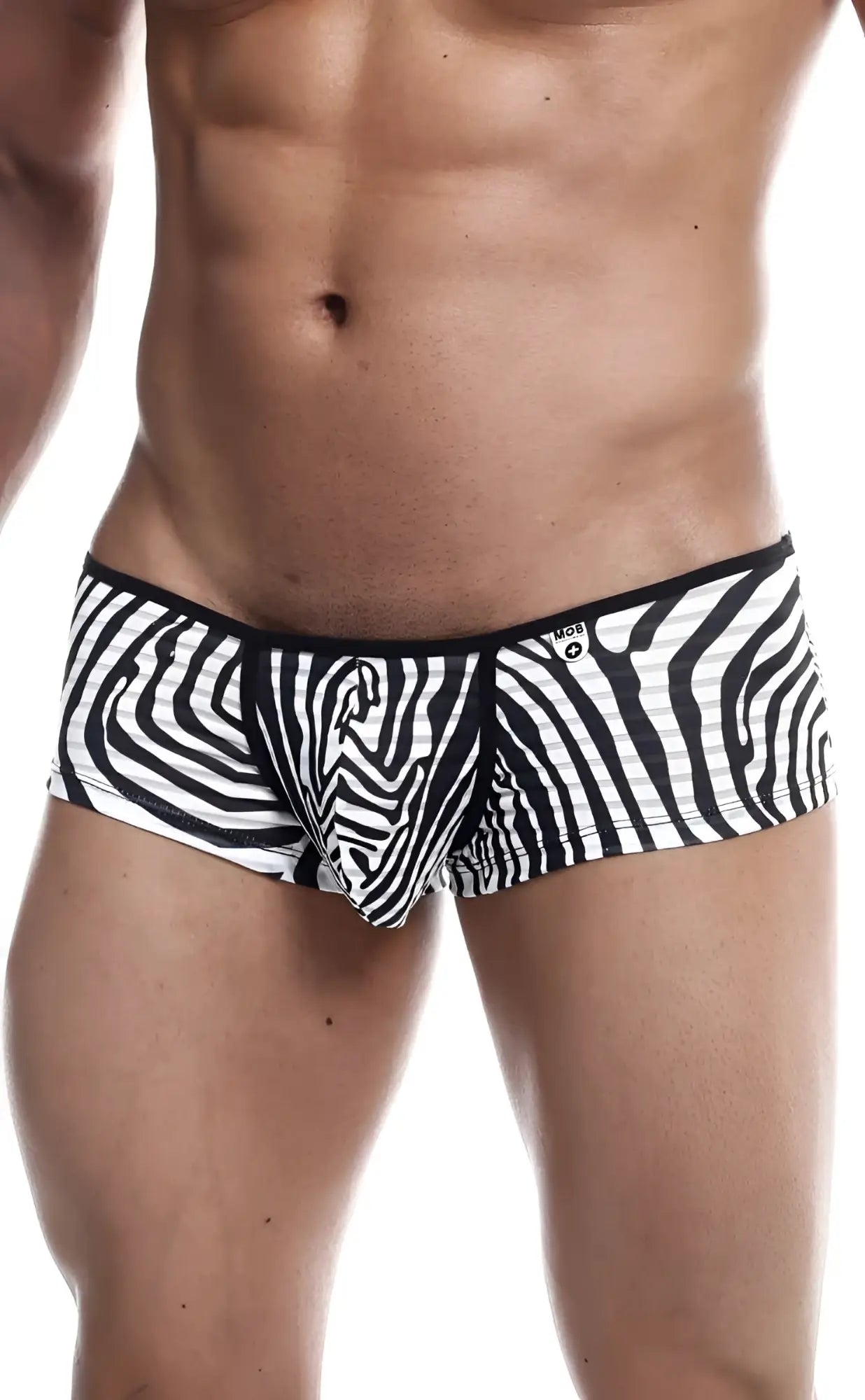 Black and white zebra-striped mob boyshort men’s briefs with a snug fit and comfortable stretch fabric