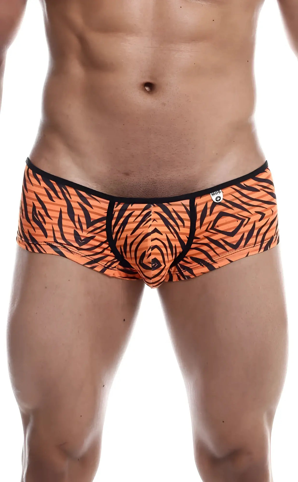 Orange tiger-print mob boyshort briefs with black trim and central seam designed for comfortable everyday wear