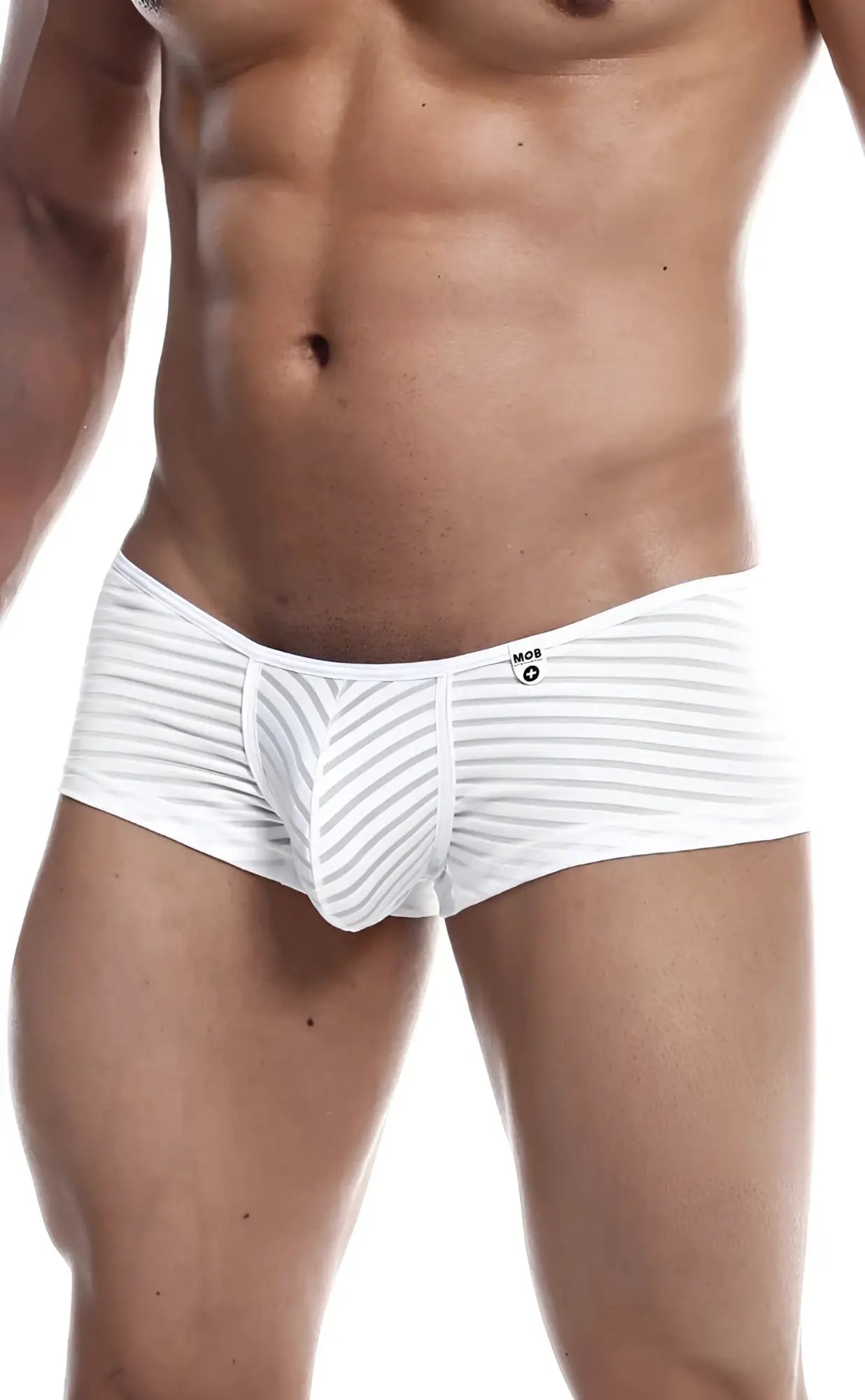 Mob boyshort white striped men’s briefs with modern contoured design and subtle branded waistband