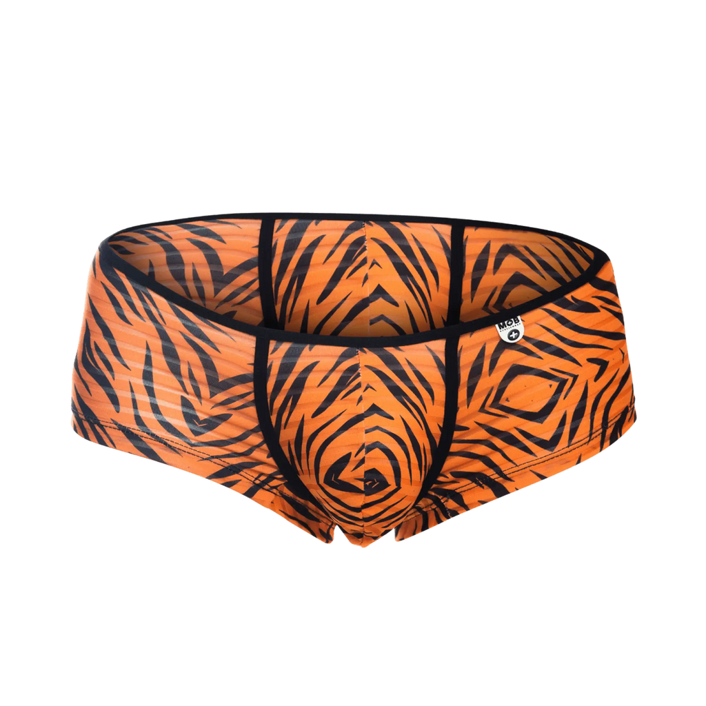 Mob boyshort orange tiger print briefs with black stripes and a snug form-fitting design