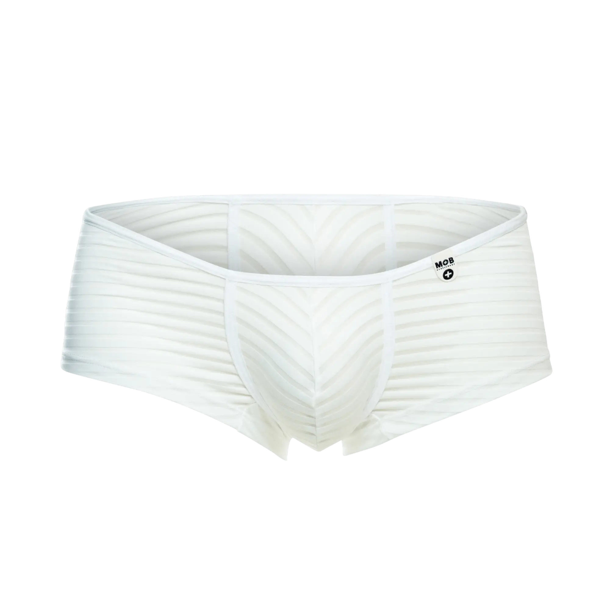 White mens mob boyshort briefs with ribbed texture and chevron pattern featuring mob logo on waistband