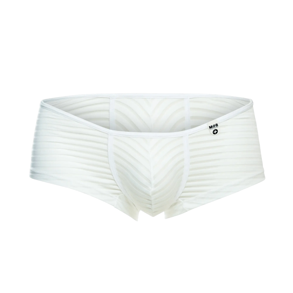White mob boyshort briefs with ribbed texture and subtle chevron pattern featuring mob logo on waistband