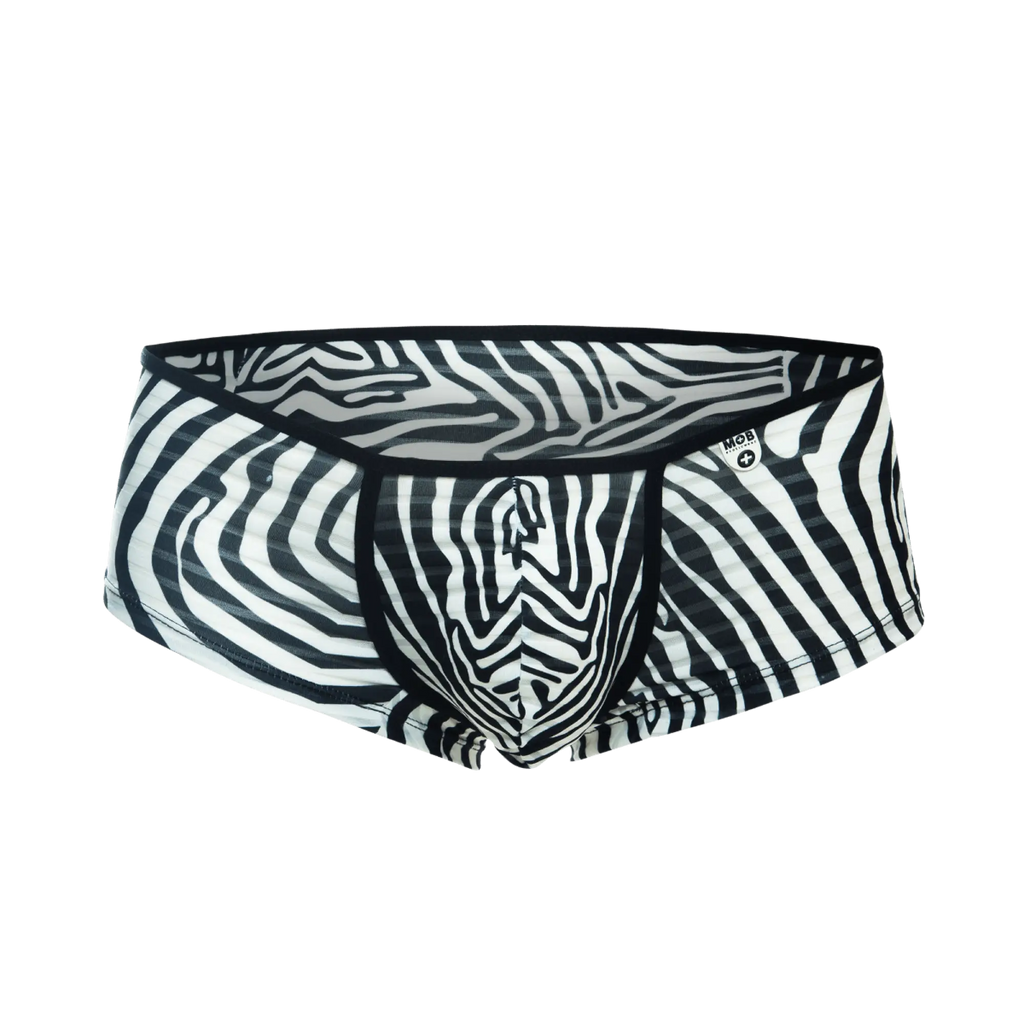 Black and white zebra-striped mens briefs mob boyshort with bold graphic pattern designed for comfortable daily wear