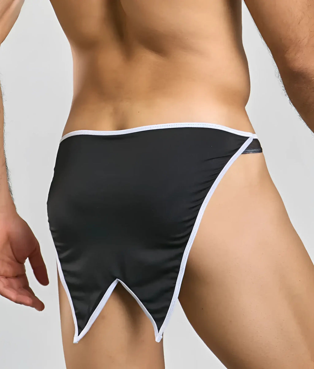 Black satin briefs with white trim and triangular cutouts at leg openings for mob buttler costume use