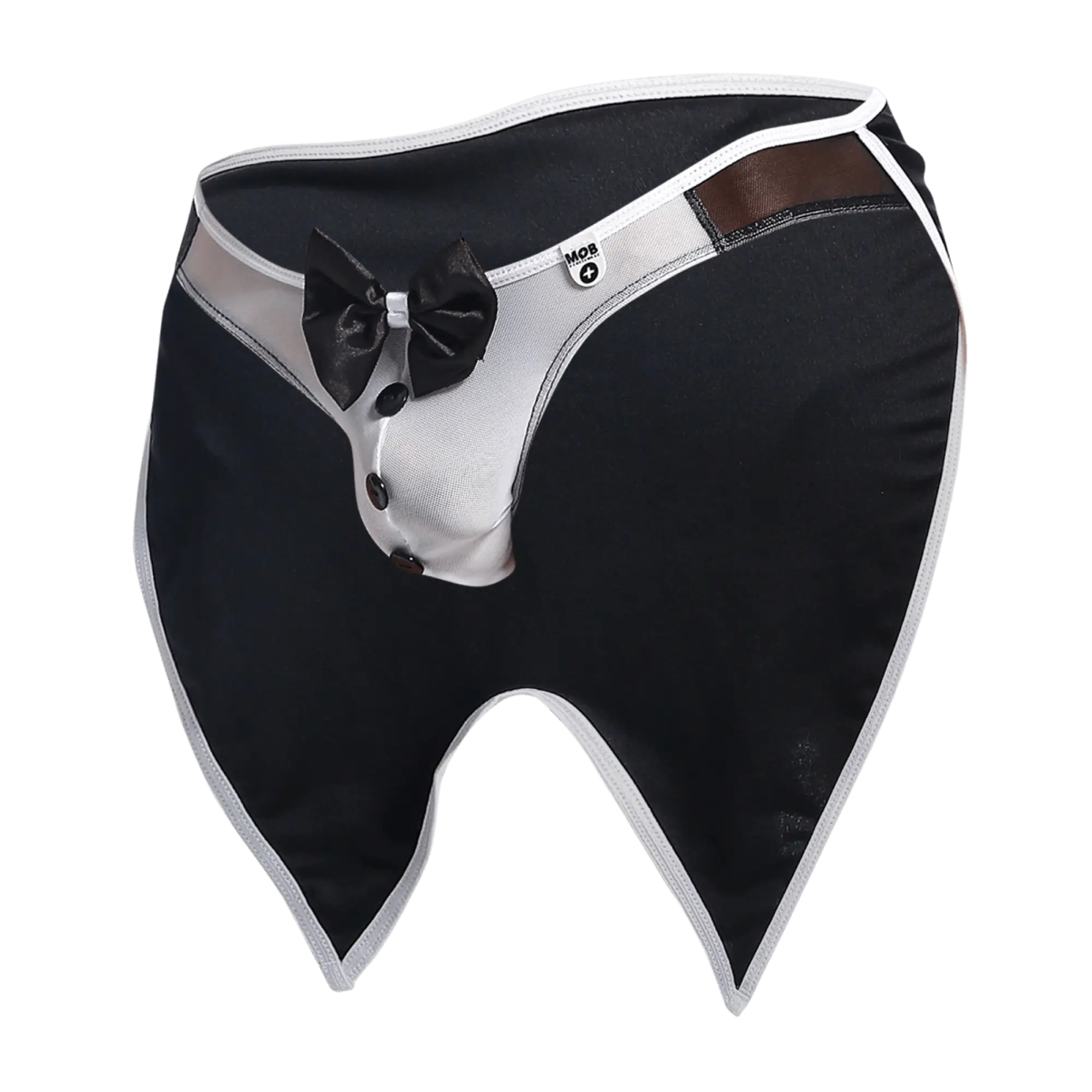 Black and white tuxedo style men’s underwear with satin bow tie three black buttons and brown leather trim mob buttler costume