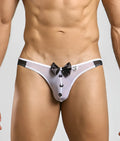 Gray sheer tuxedo-style thong with black bow and button details for mob buttler costume from back side view