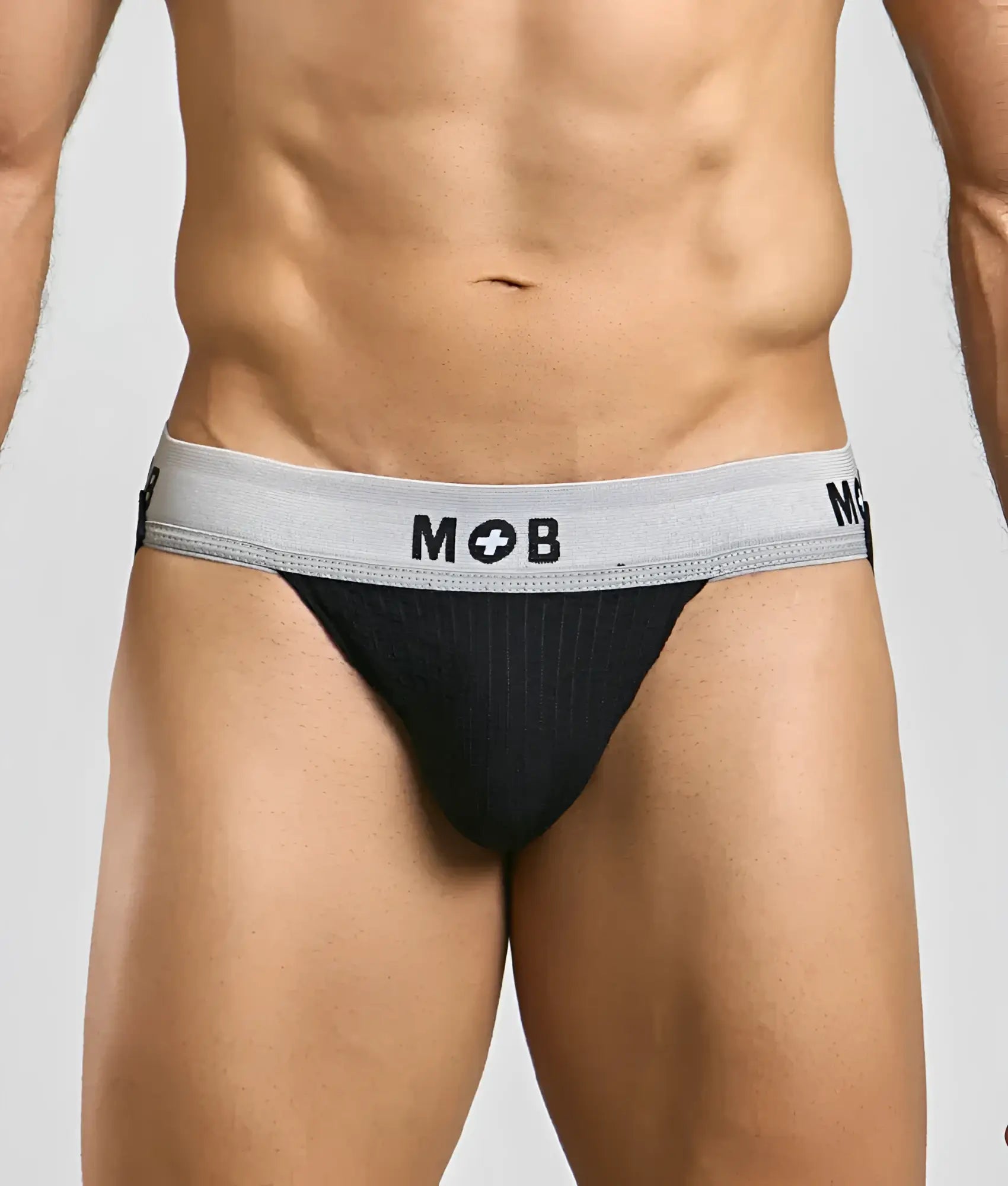 Black pinstriped mob classic jock 3 inches briefs with gray waistband and mob logo for athletic support