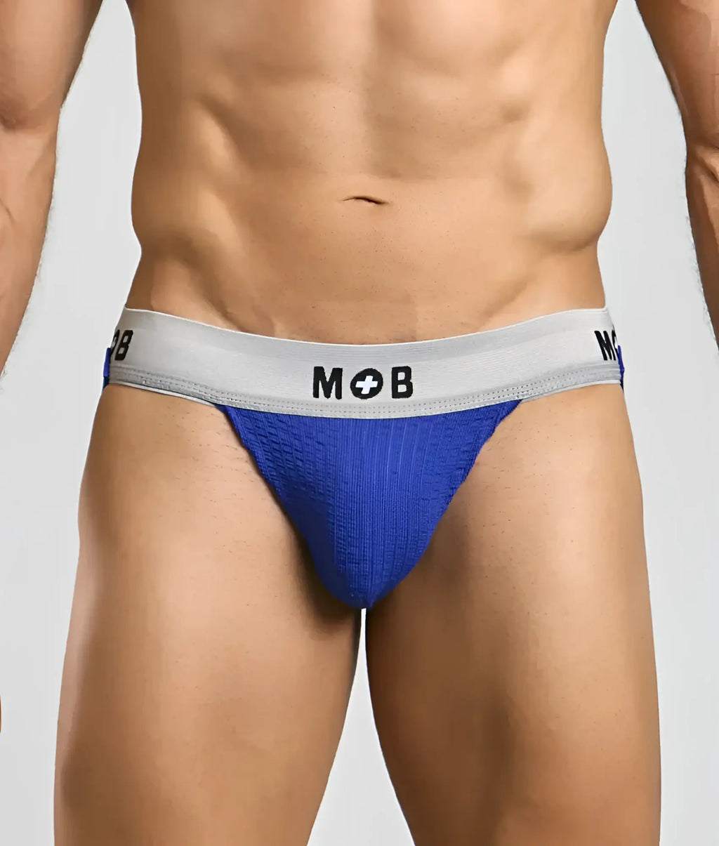Blue textured mob classic jock briefs with gray waistband featuring mob logo and 3 inches cut for active support