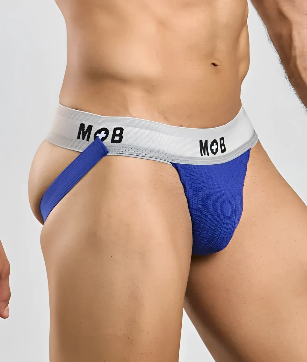 Blue textured jockstrap with gray waistband and mob logo from mob classic jock 3 inches collection