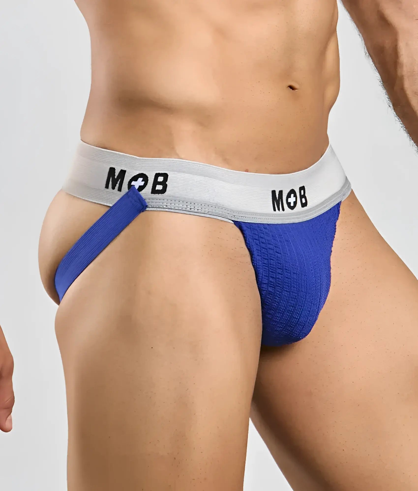 Blue textured jockstrap with gray waistband and mob logo from mob classic jock 3 inches collection